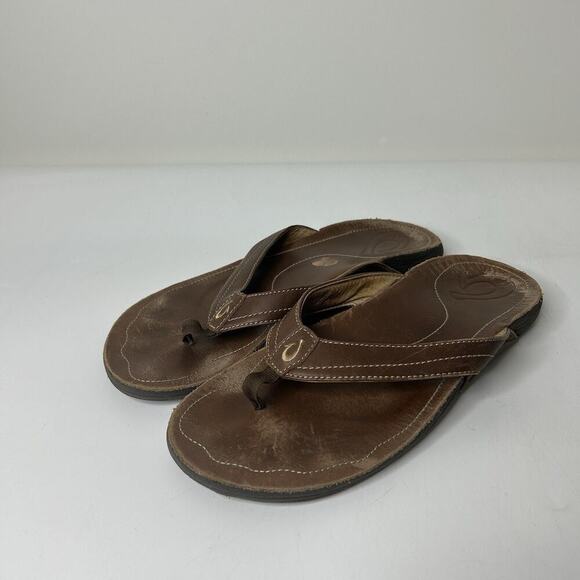 OluKai Kumu Women’s 9 Brown Leather Tan Strap Leather Flip Flops Sandals - Picture 1 of 7